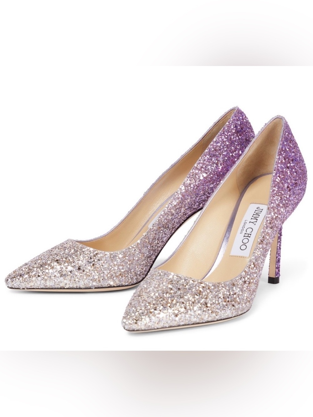 Jimmy Choo Lilac and Silver Glitter Pointed Pumps